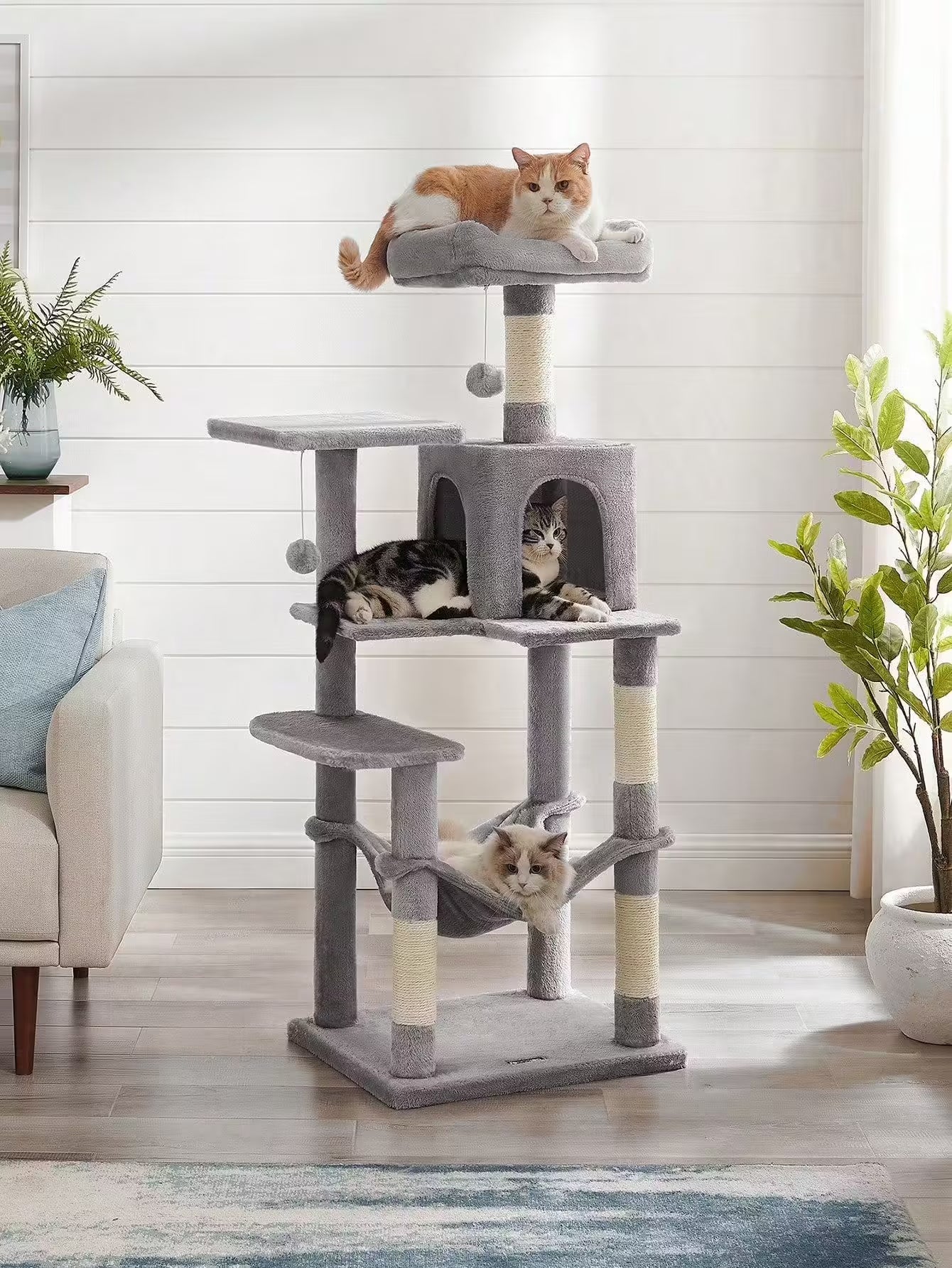 Arbre à chat gris 112 cm – Arbre à chat multi-niveaux avec 4 griffoirs, 2 perchoirs et niche douillette pour chats d’intérieur
