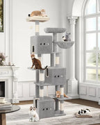 Arbre à chat gris XXL 193 cm – Arbre à chat multi-niveaux avec griffoirs, plateformes et hamacs