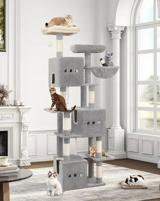 Arbre à chat gris XXL 193 cm – Arbre à chat multi-niveaux avec griffoirs, plateformes et hamacs