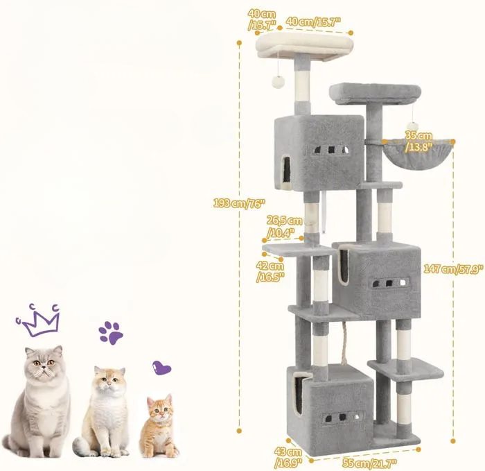 Arbre à chat gris XXL 193 cm – Arbre à chat multi-niveaux avec griffoirs, plateformes et hamacs
