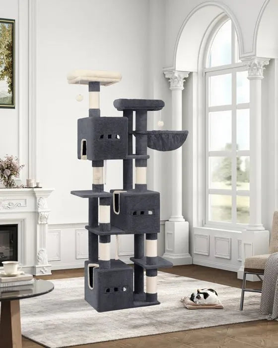 Arbre à chat noir XXL 193 cm – Arbre à chat multi-niveaux avec griffoirs, plateformes et hamacs