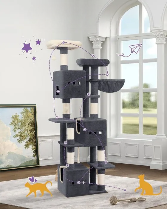 Arbre à chat noir XXL 193 cm – Arbre à chat multi-niveaux avec griffoirs, plateformes et hamacs
