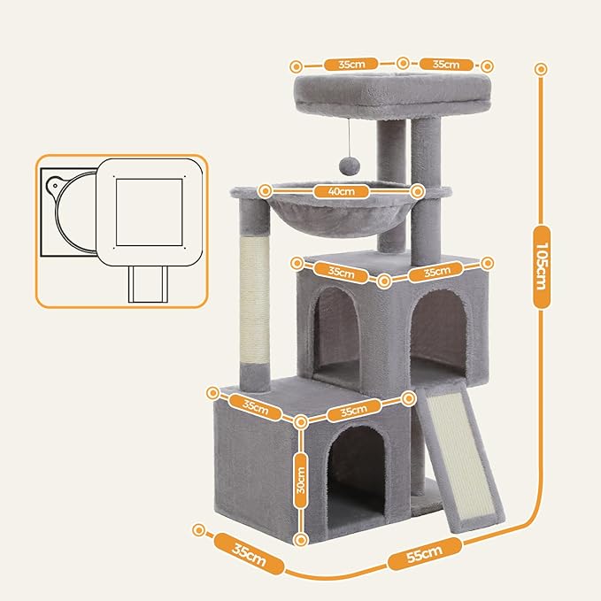 Arbre à chat gris multi-niveaux robuste 105 cm – poteaux à griffer et jouets inclus