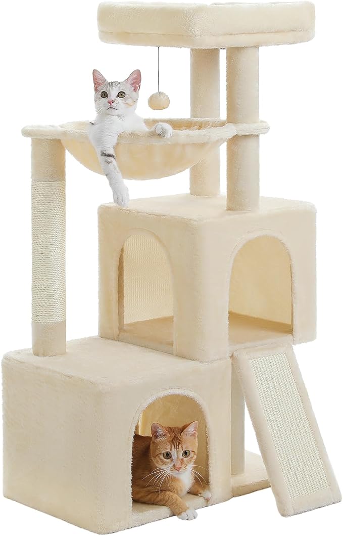 Arbre à chat beige multi-niveaux robuste 105 cm – poteaux à griffer et jouets inclus