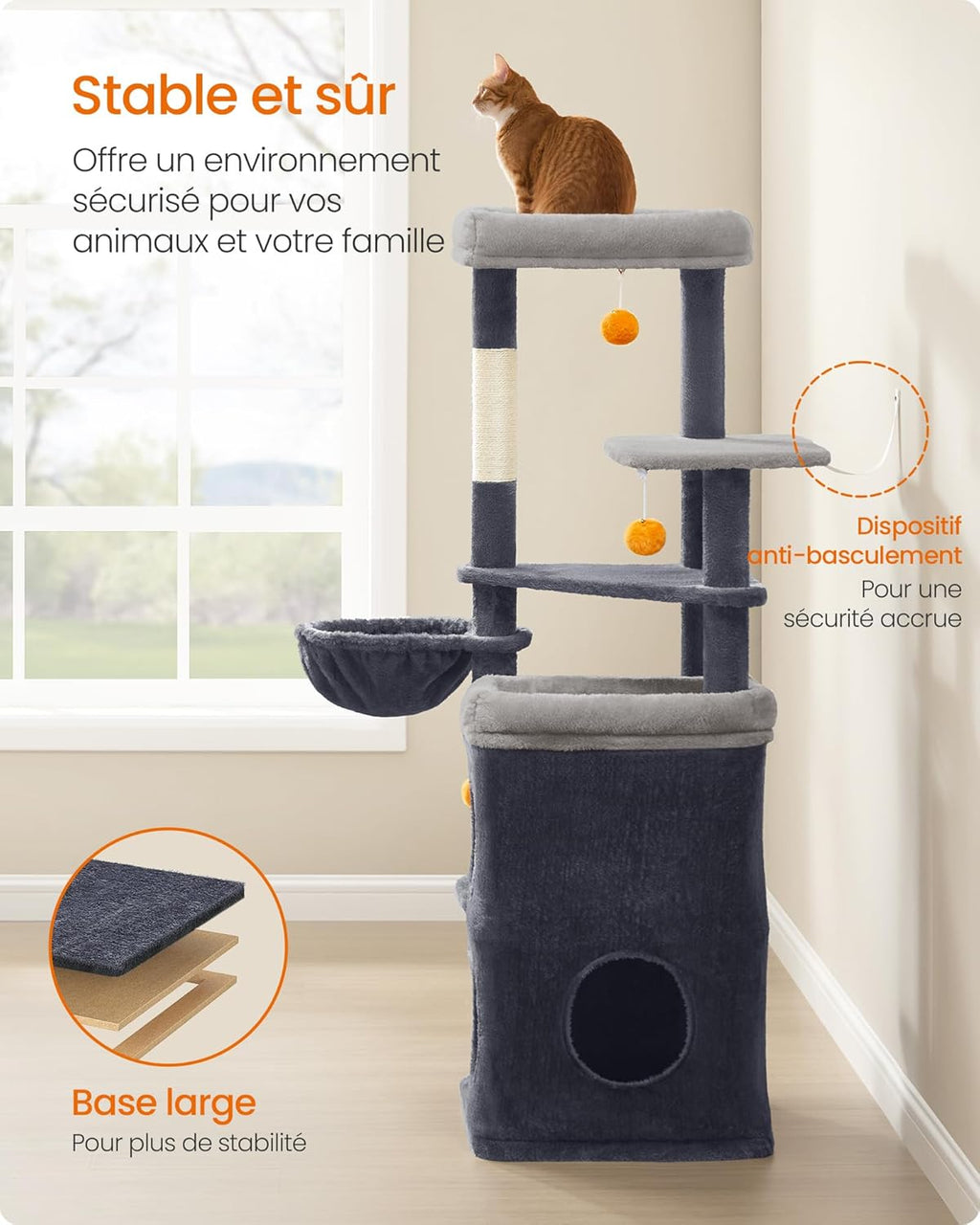 Arbre à Chat Noir 152 cm – Hamac, 2 Caches Spacieuses, 3 Griffoirs et Plateformes pour Chats