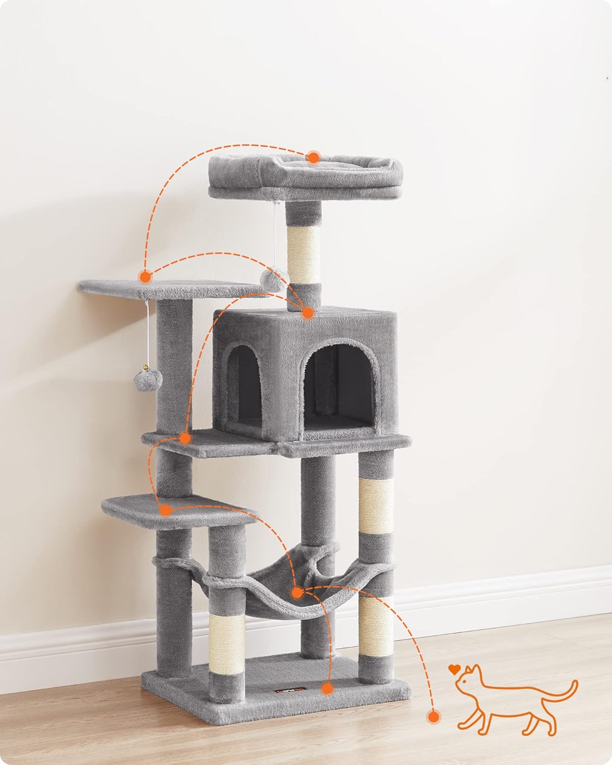 Arbre à chat gris 112 cm – Arbre à chat multi-niveaux avec 4 griffoirs, 2 perchoirs et niche douillette pour chats d’intérieur