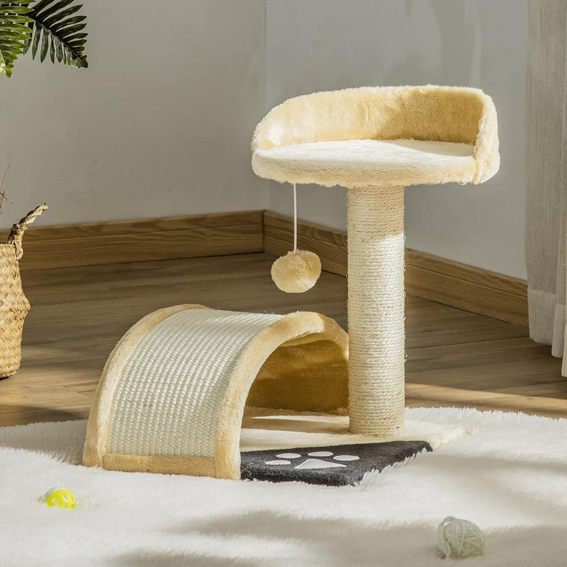 Arbre à chat beige 46 cm - Arbre à chat en 2 étages avec griffoir et poteau à gratter