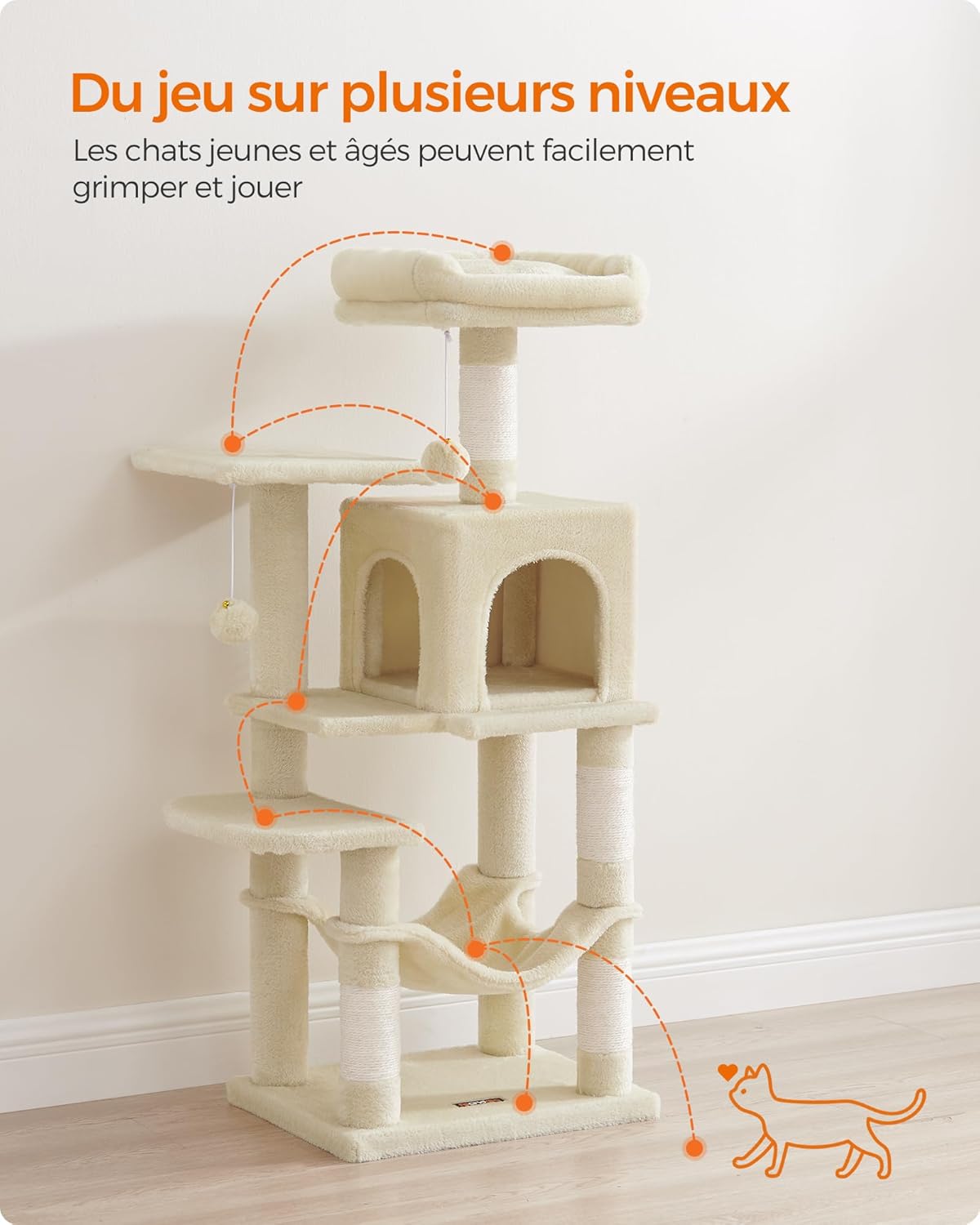 Arbre à chat beige 112 cm – Arbre à chat multi-niveaux avec 4 griffoirs, 2 perchoirs et niche douillette pour chats d’intérieur