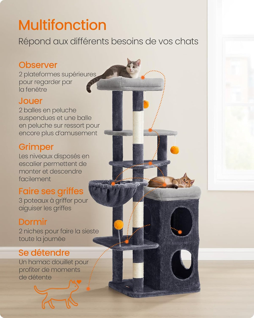 Arbre à Chat Noir 152 cm – Hamac, 2 Caches Spacieuses, 3 Griffoirs et Plateformes pour Chats