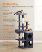 Arbre à Chat Noir 152 cm – Hamac, 2 Caches Spacieuses, 3 Griffoirs et Plateformes pour Chats