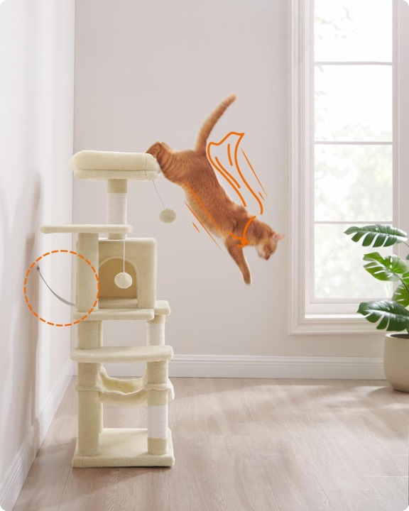 Arbre à chat beige 112 cm – Arbre à chat multi-niveaux avec 4 griffoirs, 2 perchoirs et niche douillette pour chats d’intérieur