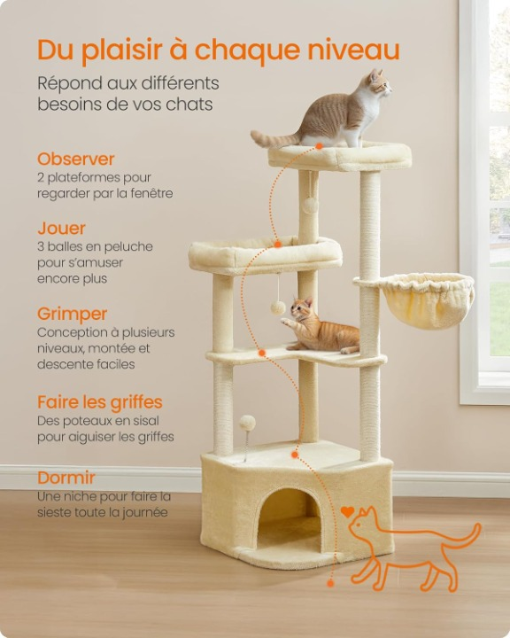Arbre à chat beige 140 cm avec niche, grands plateaux, hamac et jouets suspendus – Confort et jeu pour chats d’intérieur