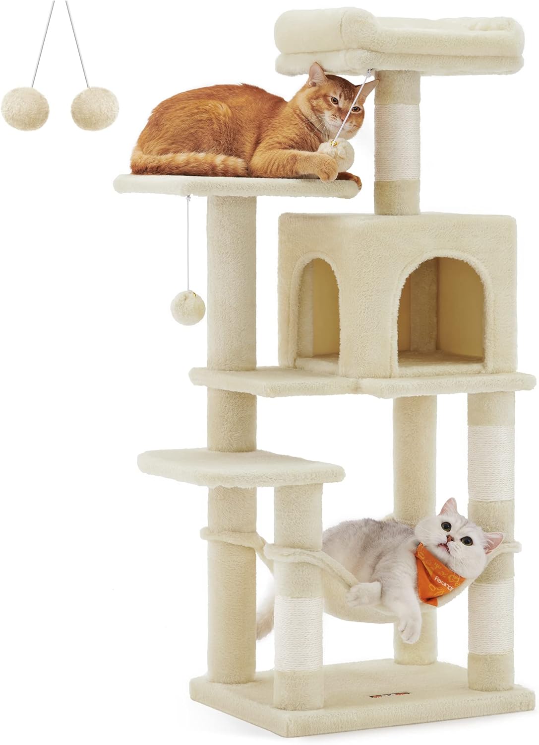 Arbre à chat beige 112 cm – Arbre à chat multi-niveaux avec 4 griffoirs, 2 perchoirs et niche douillette pour chats d’intérieur