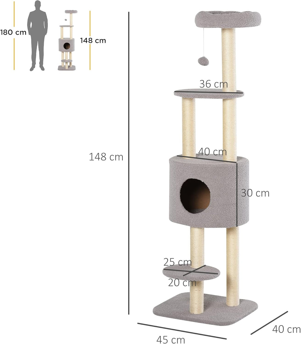Arbre à chat gris 148 cm avec niche, poteaux en sisal et 3 plateformes