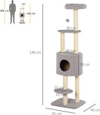 Arbre à chat gris 148 cm avec niche, poteaux en sisal et 3 plateformes