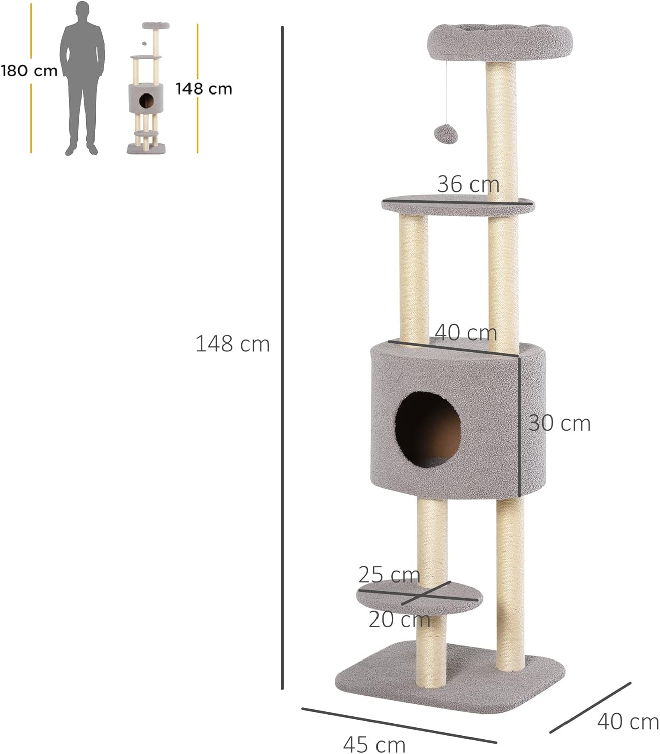 Arbre à chat gris 148 cm avec niche, poteaux en sisal et 3 plateformes