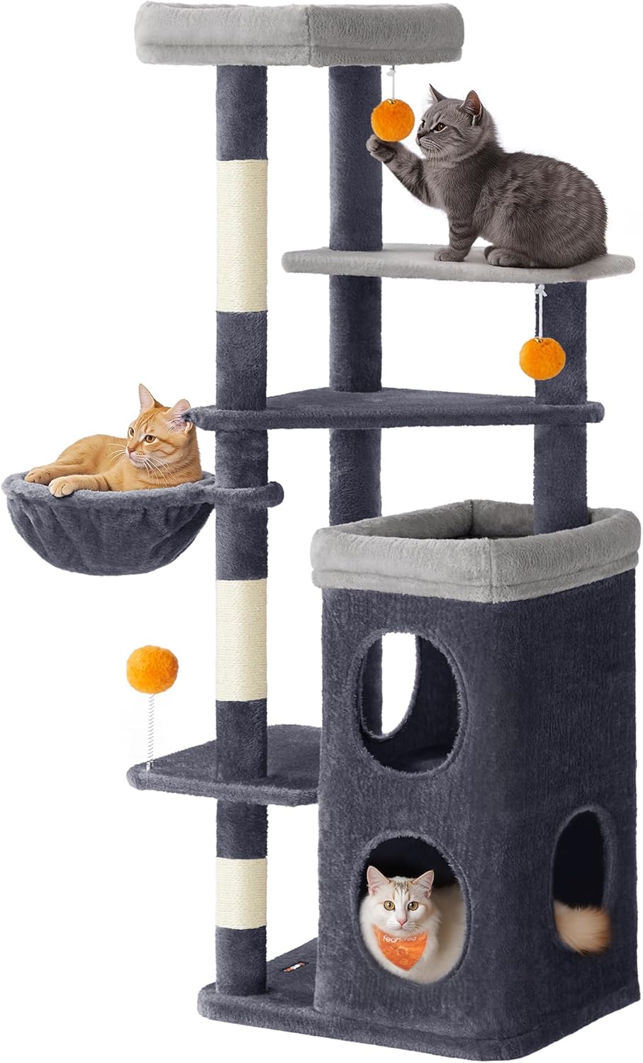 Arbre à Chat Noir 152 cm – Hamac, 2 Caches Spacieuses, 3 Griffoirs et Plateformes pour Chats
