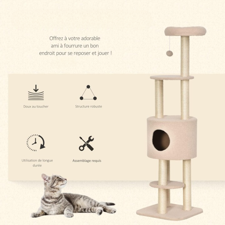 Arbre à chat beige 148 cm avec niche, poteaux en sisal et 3 plateformes