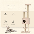 Arbre à chat beige 148 cm avec niche, poteaux en sisal et 3 plateformes