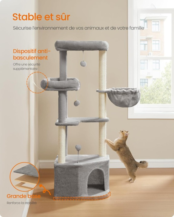 Arbre à chat gris 140 cm avec niche, grands plateaux, hamac et jouets suspendus – Confort et jeu pour chats d’intérieur