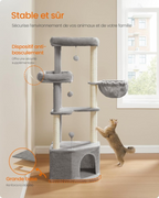 Arbre à chat gris 140 cm avec niche, grands plateaux, hamac et jouets suspendus – Confort et jeu pour chats d’intérieur