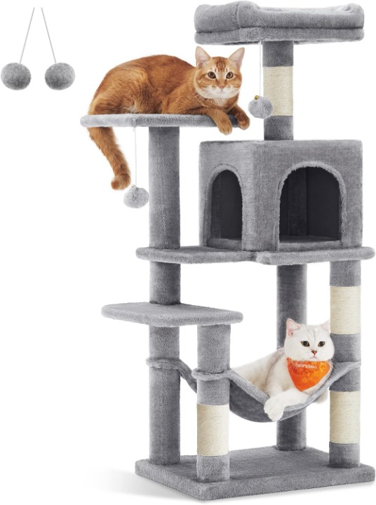 Arbre à chat gris 112 cm – Arbre à chat multi-niveaux avec 4 griffoirs, 2 perchoirs et niche douillette pour chats d’intérieur