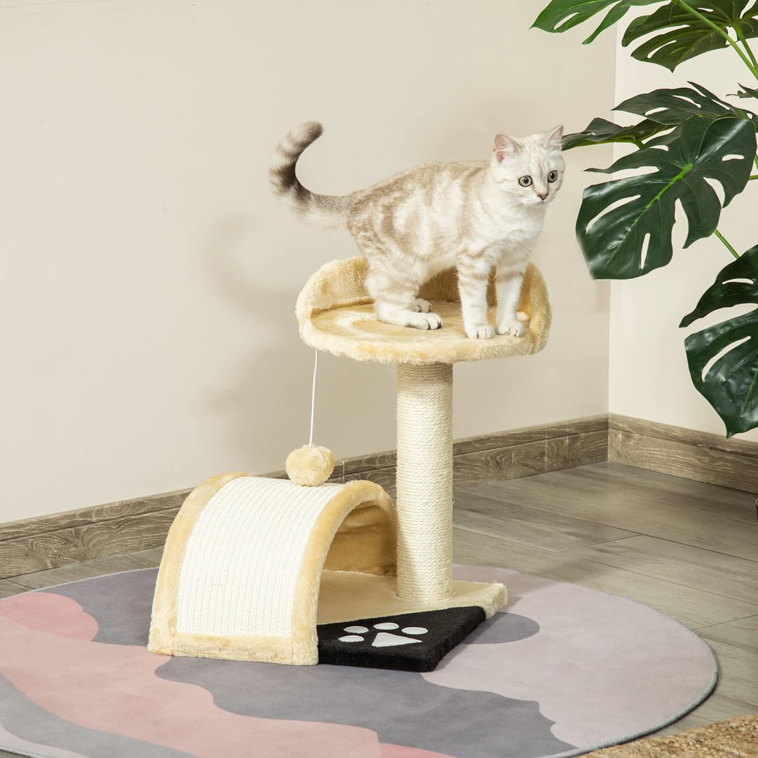 Arbre à chat beige 46 cm - Arbre à chat en 2 étages avec griffoir et poteau à gratter
