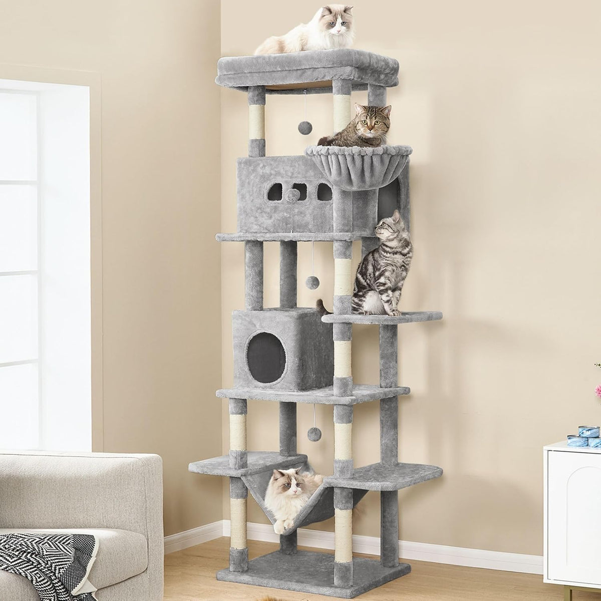 Arbre à chat XXL gris 210 cm avec maisonnette et griffoirs
