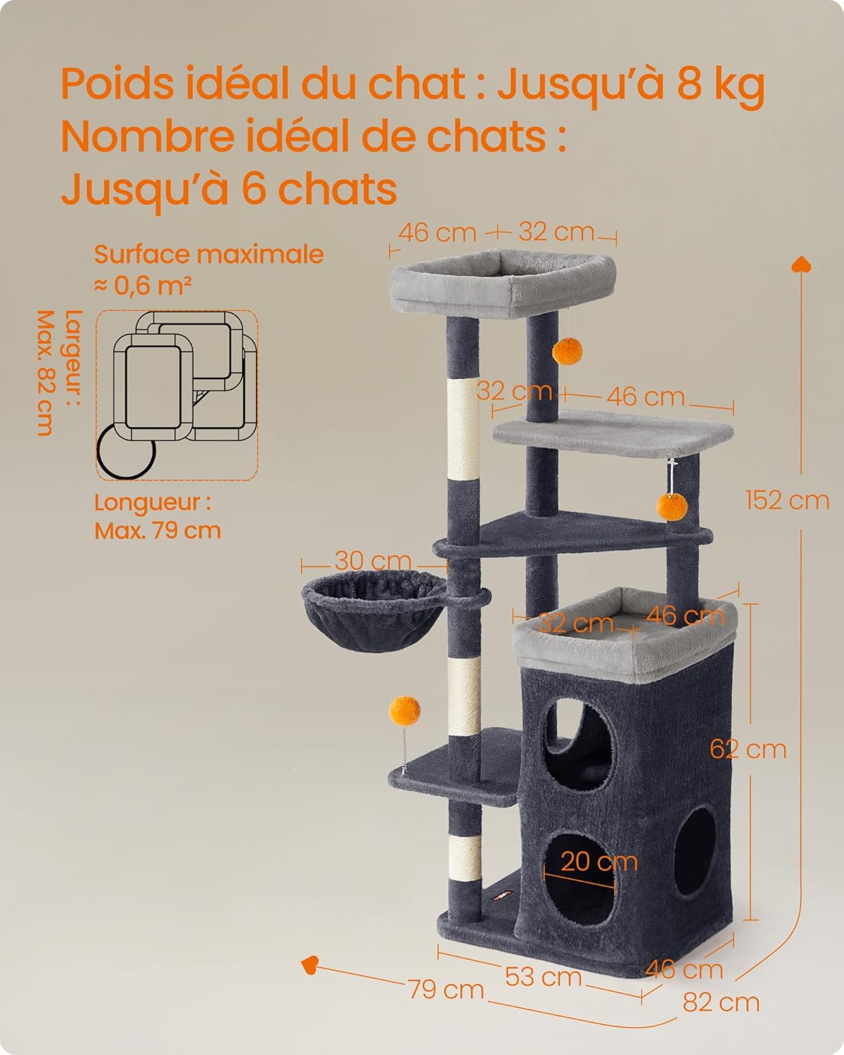 Arbre à Chat Noir 152 cm – Hamac, 2 Caches Spacieuses, 3 Griffoirs et Plateformes pour Chats