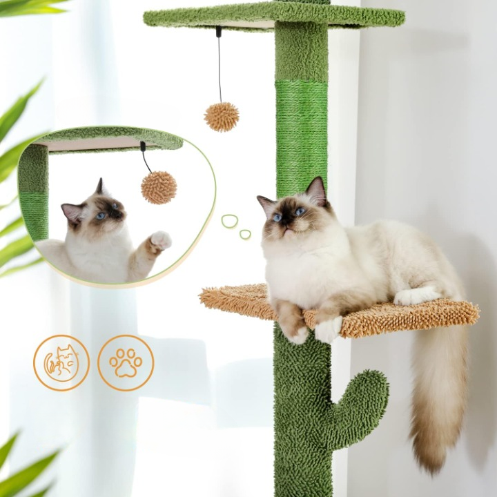 Arbre à chat vert ajustable de 229 à 275 cm – Tour du sol au plafond avec griffoirs, hamac, condo et balles suspendues