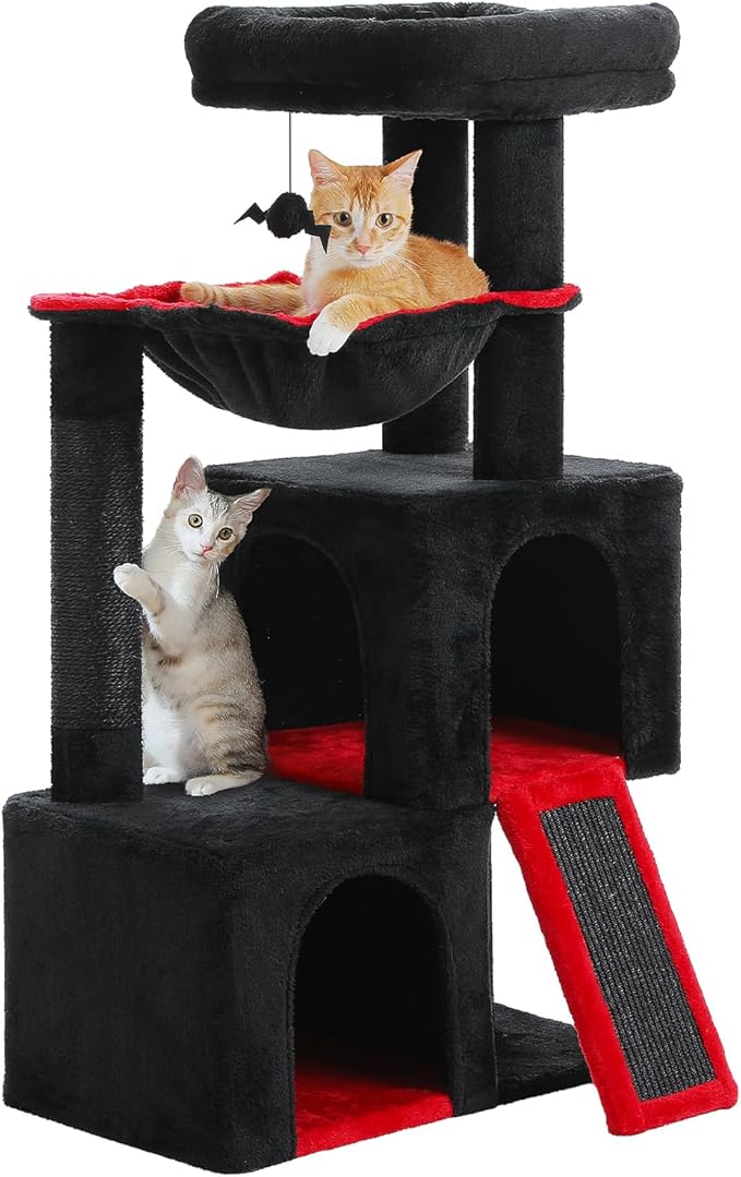 Arbre à chat noir multi-niveaux robuste 105 cm – poteaux à griffer et jouets inclus