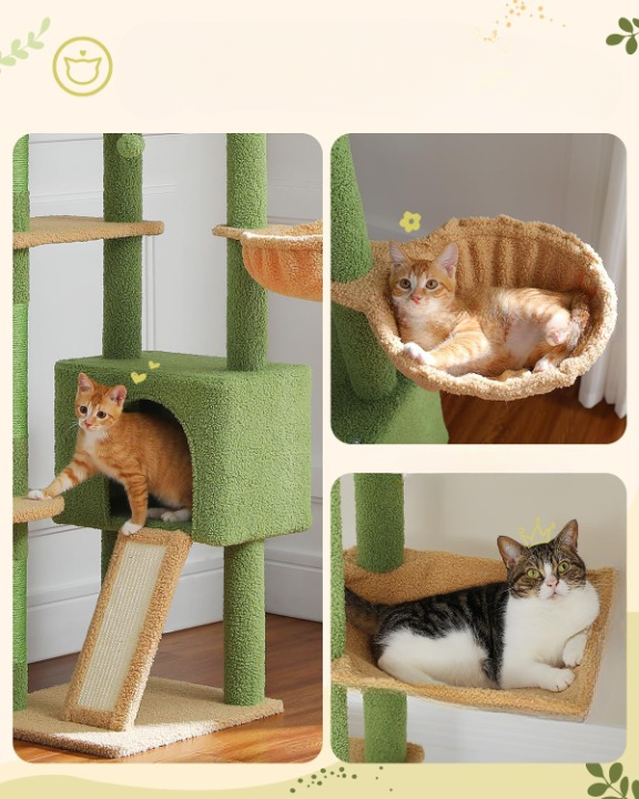 Arbre à Chat Cactus Vert du Sol au Plafond avec Hamac, Niche et Griffoirs