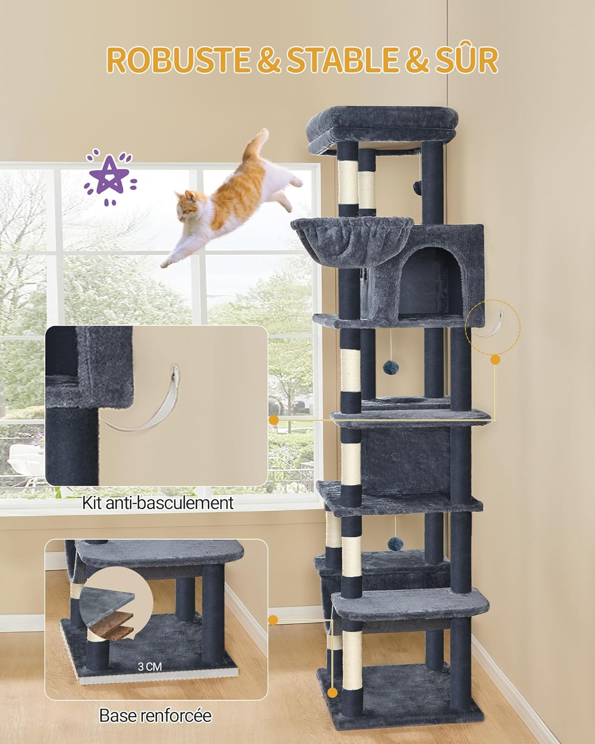 Arbre à chat noir XXL 210 cm – Arbre à chat multi-niveaux  avec maisonnette, 8 poteaux à griffer et 4 pompons
