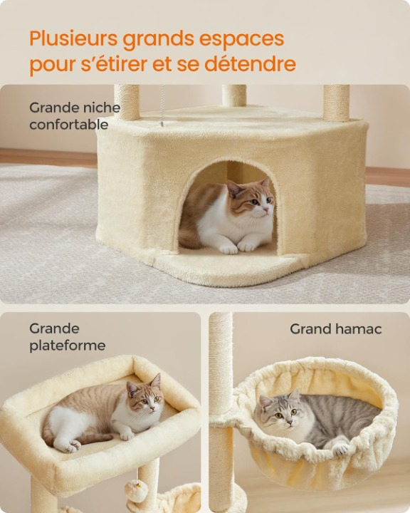 Arbre à chat beige 140 cm avec niche, grands plateaux, hamac et jouets suspendus – Confort et jeu pour chats d’intérieur