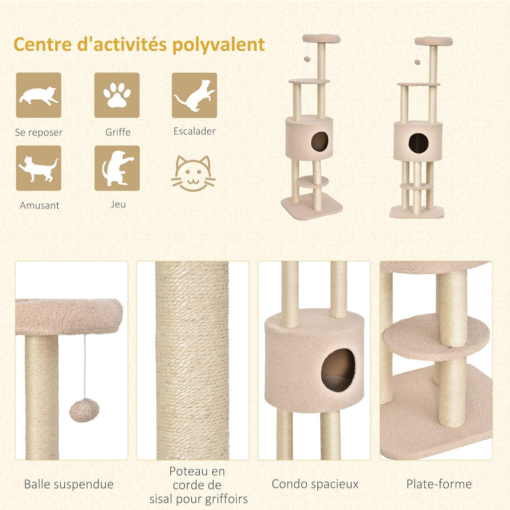 Arbre à chat beige 148 cm avec niche, poteaux en sisal et 3 plateformes