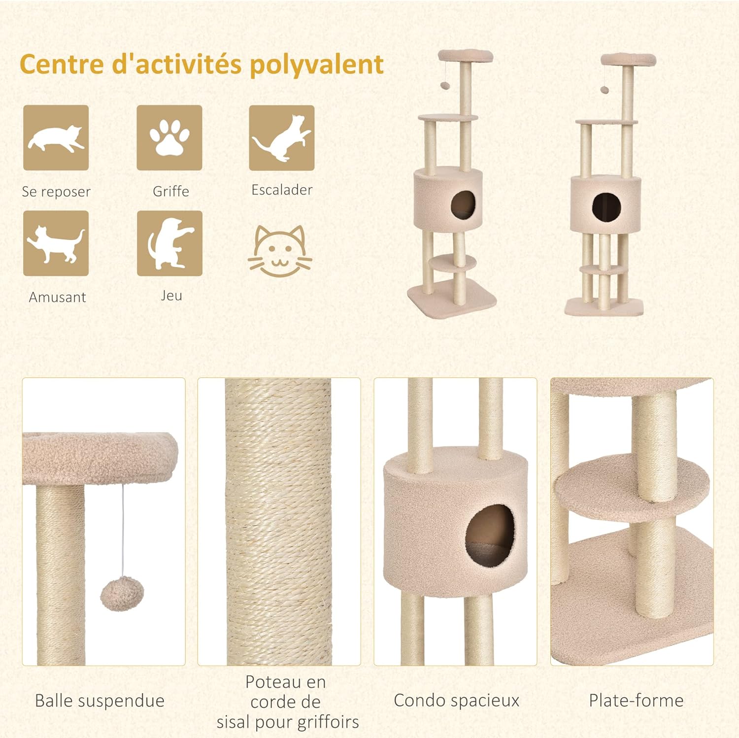 Arbre à chat beige 148 cm avec niche, poteaux en sisal et 3 plateformes
