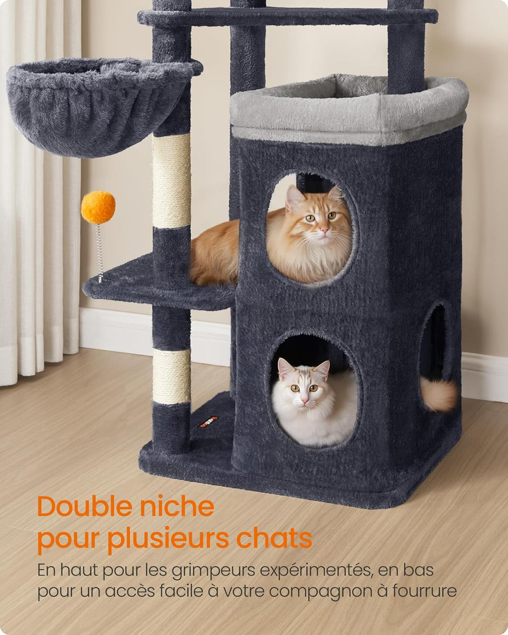 Arbre à Chat Noir 152 cm – Hamac, 2 Caches Spacieuses, 3 Griffoirs et Plateformes pour Chats