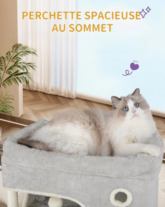 Arbre à Chat gris XXL 178 cm pour tout type de chat  avec 2 niches, 7 Griffoirs et Pompons