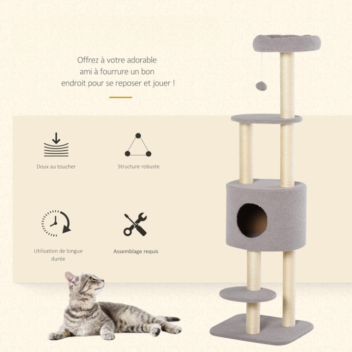 Arbre à chat gris 148 cm avec niche, poteaux en sisal et 3 plateformes