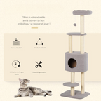 Arbre à chat gris 148 cm avec niche, poteaux en sisal et 3 plateformes