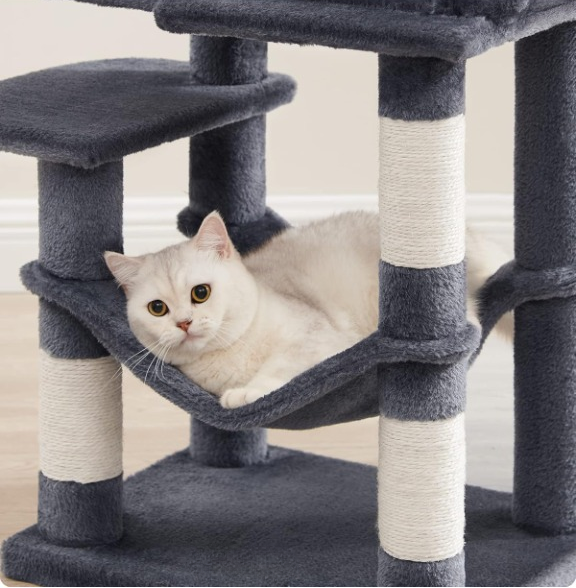 Arbre à chat noir 112 cm – Arbre à chat multi-niveaux avec 4 griffoirs, 2 perchoirs et niche douillette pour chats d’intérieur