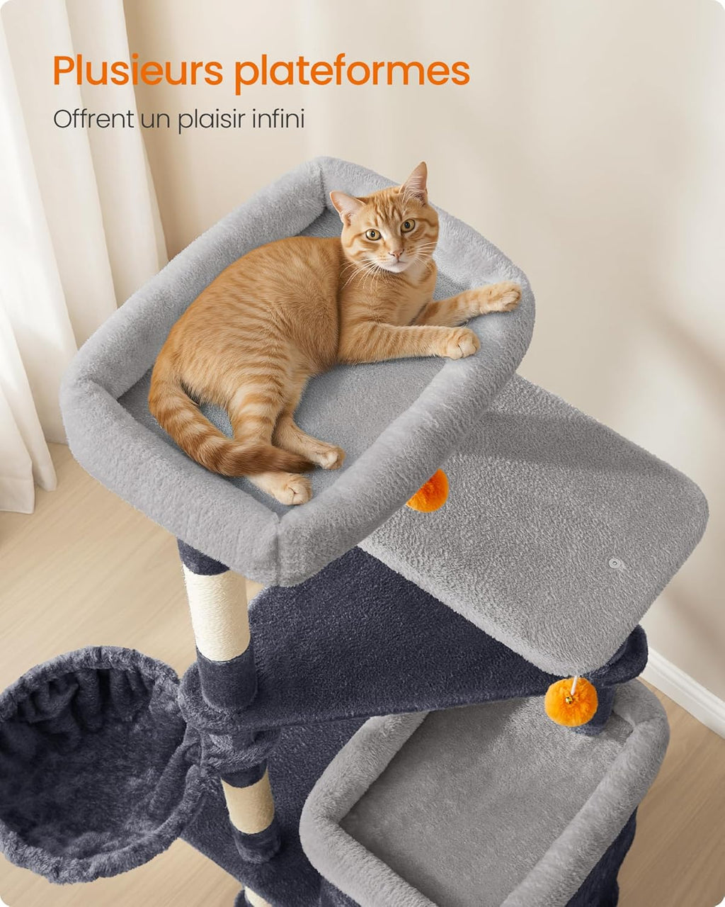 Arbre à Chat Noir 152 cm – Hamac, 2 Caches Spacieuses, 3 Griffoirs et Plateformes pour Chats