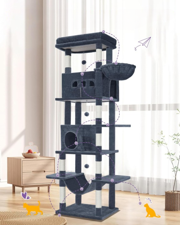 Arbre à chat noir XXL 210 cm – Arbre à chat multi-niveaux  avec maisonnette, 8 poteaux à griffer et 4 pompons