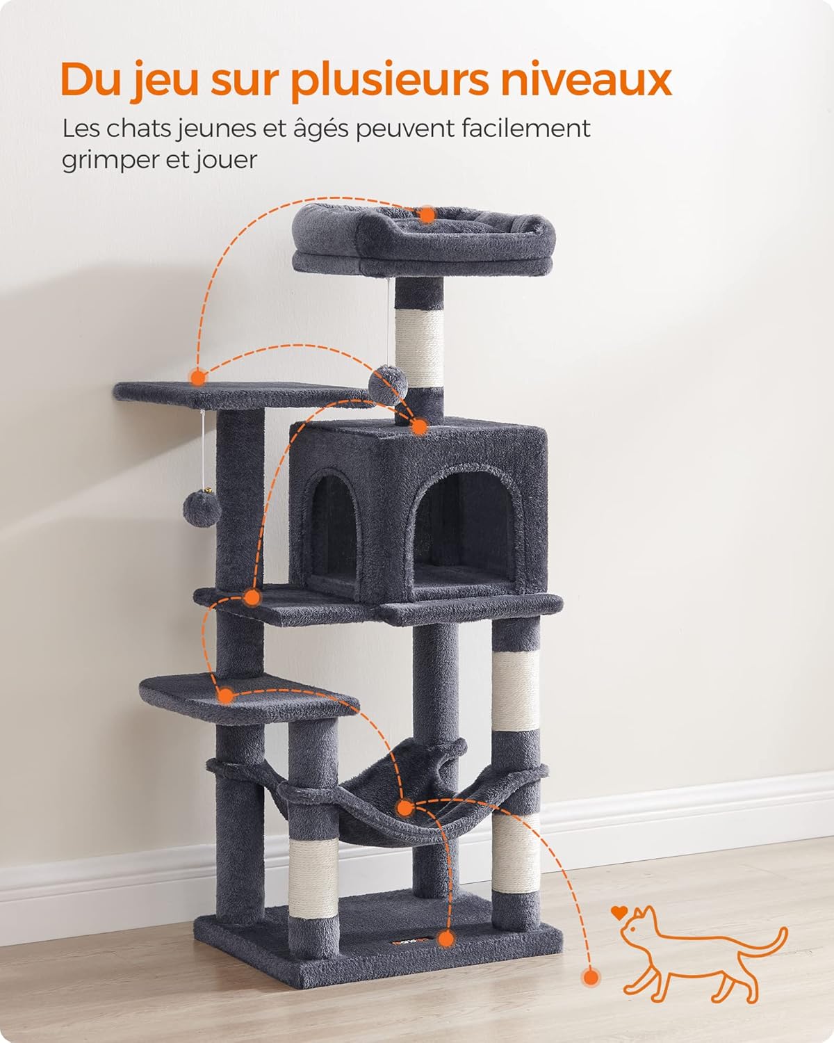 Arbre à chat noir 112 cm – Arbre à chat multi-niveaux avec 4 griffoirs, 2 perchoirs et niche douillette pour chats d’intérieur