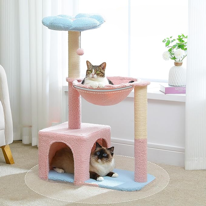 Arbre à chat fleur rose avec hamac et griffoirs en sisal – Tour pour chats d'intérieur