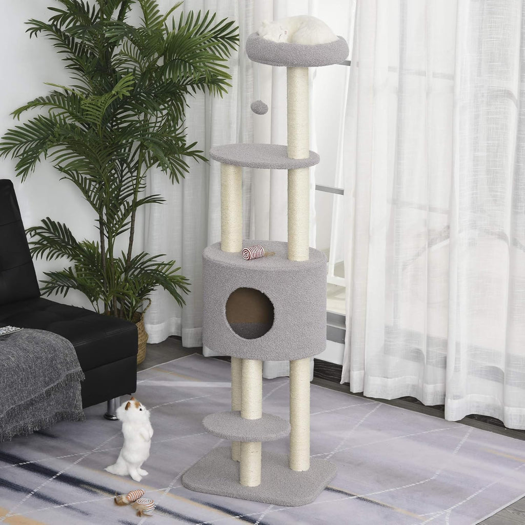 Arbre à chat gris 148 cm avec niche, poteaux en sisal et 3 plateformes