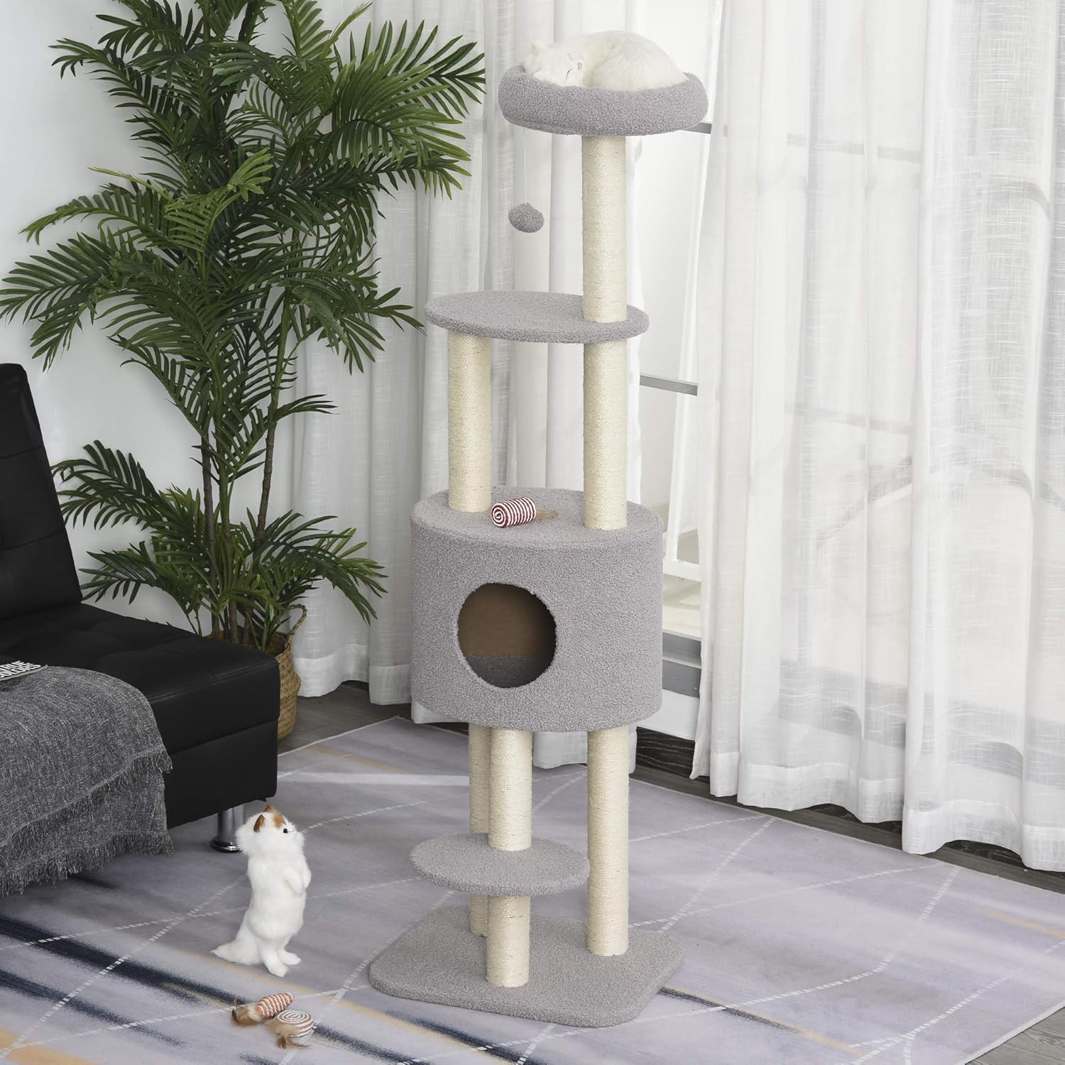 Arbre à chat gris 148 cm avec niche, poteaux en sisal et 3 plateformes