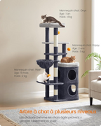 Arbre à Chat Noir 152 cm – Hamac, 2 Caches Spacieuses, 3 Griffoirs et Plateformes pour Chats