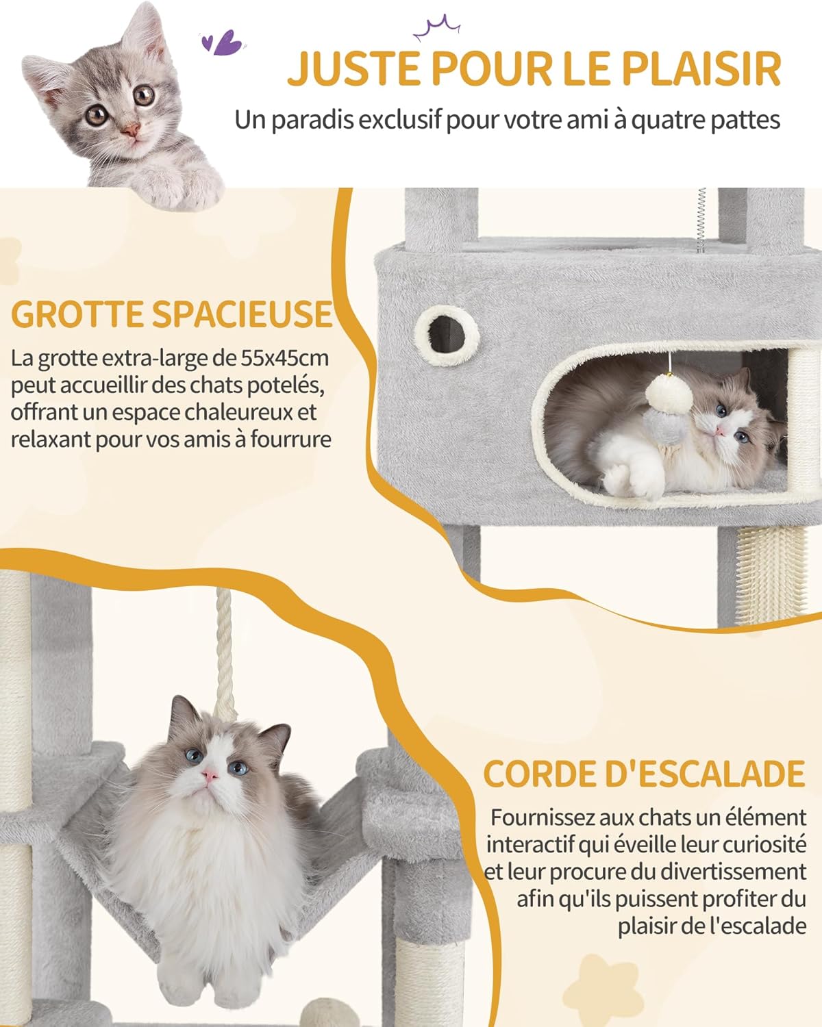 Arbre à Chat gris XXL 178 cm pour tout type de chat  avec 2 niches, 7 Griffoirs et Pompons