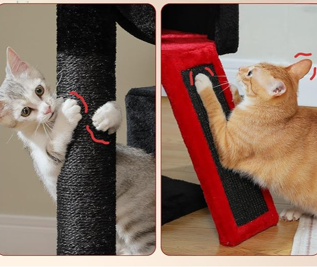 Arbre à chat noir multi-niveaux robuste 105 cm – poteaux à griffer et jouets inclus